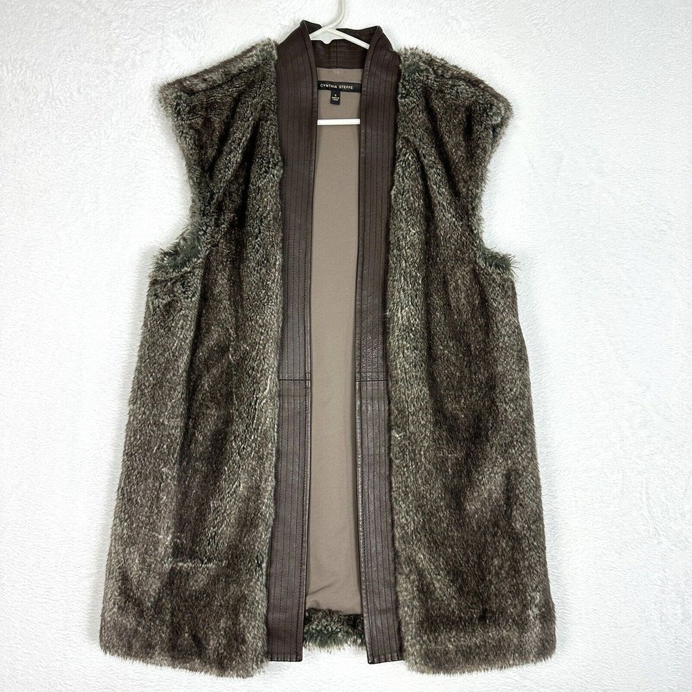 Cynthia Steffe Lamb Leather Faux Fur Vest Womens Small Grey Long Open Front
